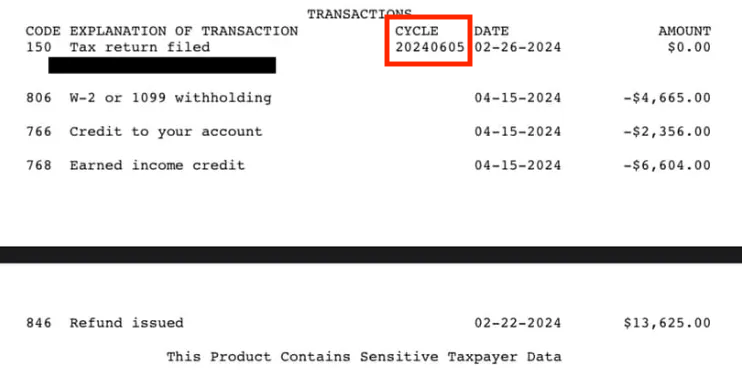 IRS Tax Transcript with Cycle Code Highlighted | Source: The College Investor